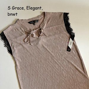 Small Lularoe Grace Elegant top, pink with black lace trim